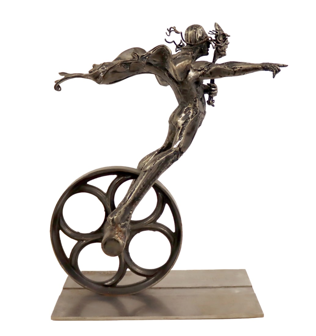 THEODORE GALL (AMERICAN, b. 1941).: Wheel Man. Brutalist polished steel figural sculpture. Signed and dated 1980. From a Westchester NY collection. Dimensions: 30.25" h x 25" w x 12.5" d