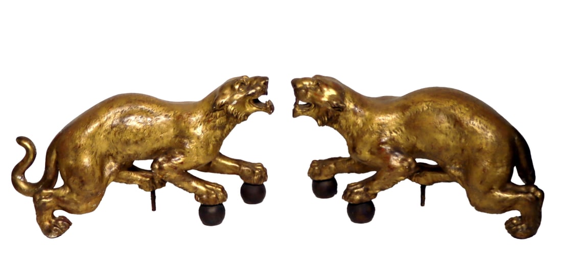 Antique Pair Of Carved Polychrome Giltwood Lions (1 of 15)