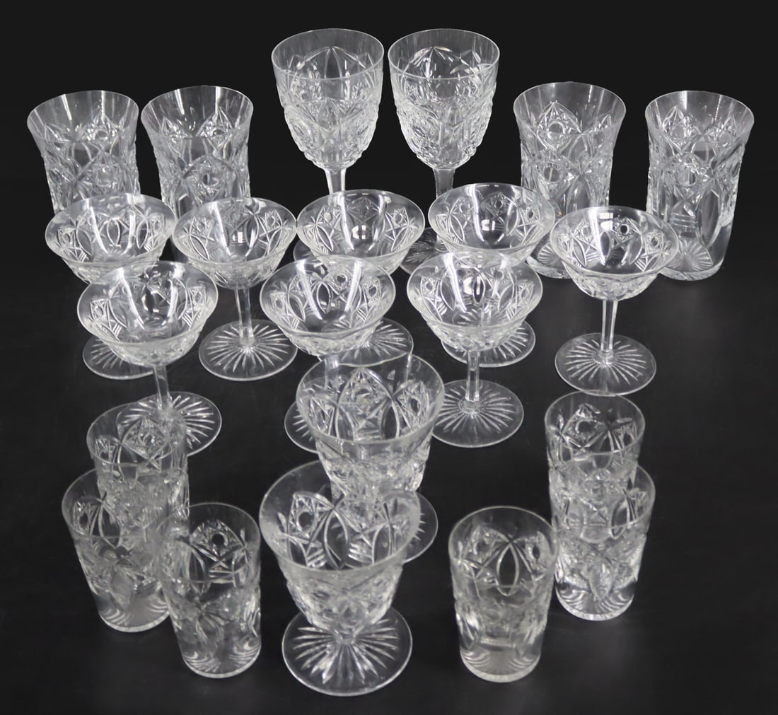 (22) Baccarat Lagny Pattern Stemware.: To include (6) Juice tumblers (3.5"); (8) saucer champagne glasses (4 3/8"); (4) water glasses (5.5"), (2) red wine glasses (7.25"); (2) white wine glasses (4.25"). From a Hob