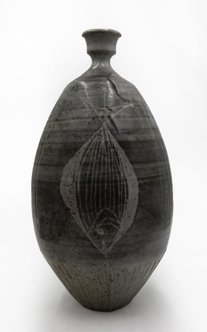 ANTONIO PRIETO (AMERICAN, 1912-1967).: Bottle Shaped Vase with Fish Decoration. Glazed Stoneware. Signed underside base. Property from a Carmel, NY estate. - Dimensions: Approx. 13.75" h x 7" w.