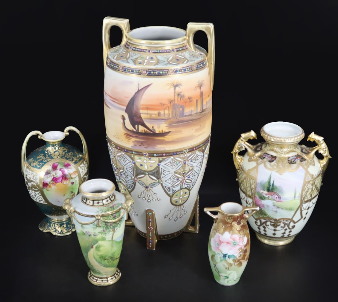 Lot of 5 Nippon Hand Painted Vases. (1 of 17)