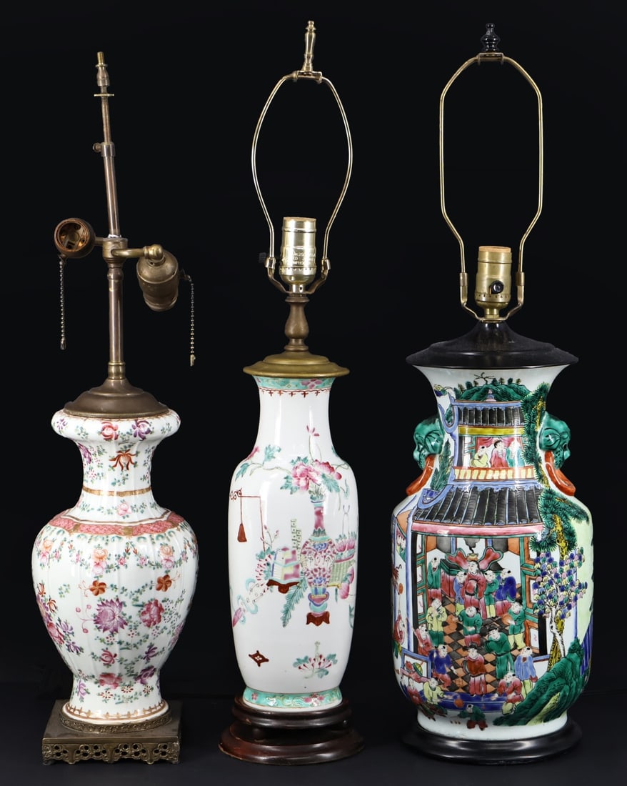 (3) Chinese Enamel Decorated Vases as Lamps. (1 of 10)