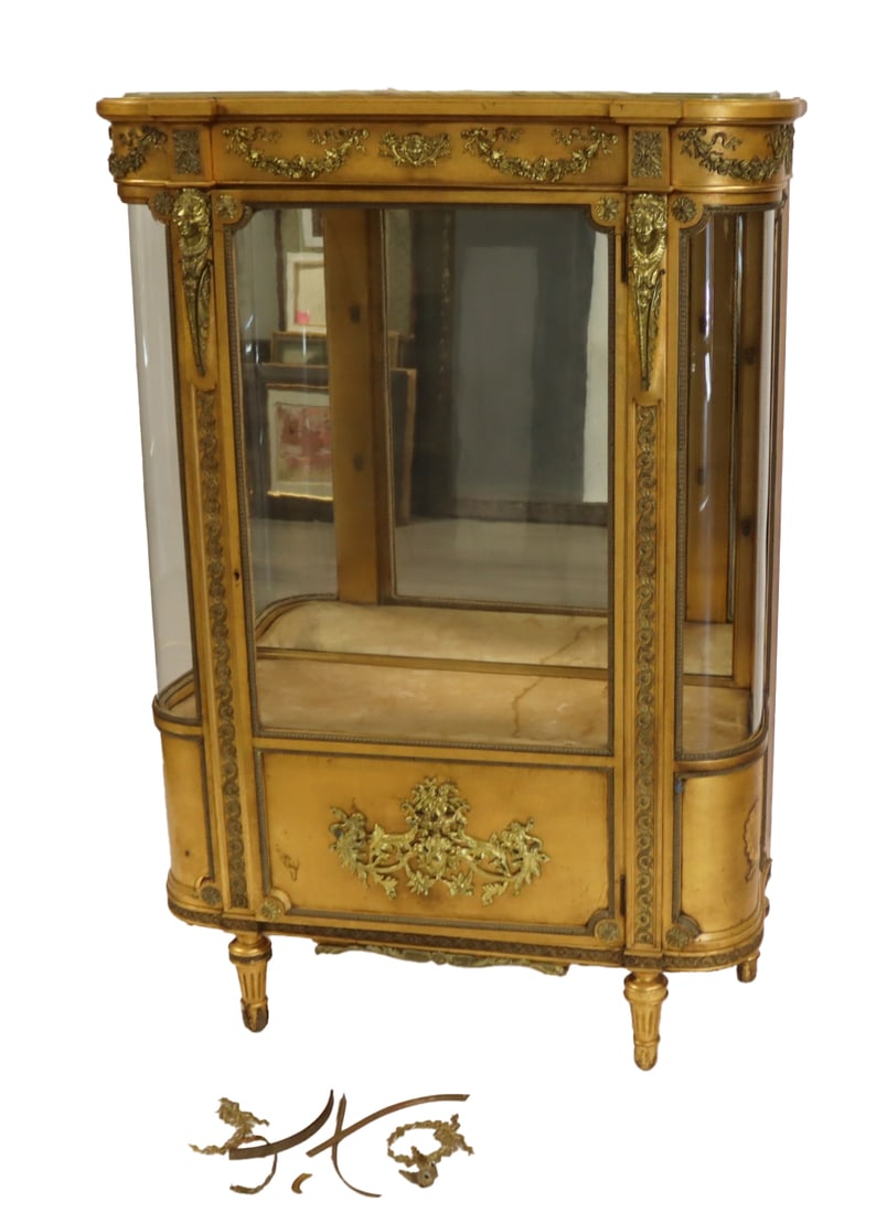 Fine Antique Bronze Mounted Louis XV1 Style: Vitrine. The best of quality with onyx top, curved glass and fine ormalou. From a Brooklyn Brownstone, NY estate. - Dimensions: 60" h x 41" w x 16" d.