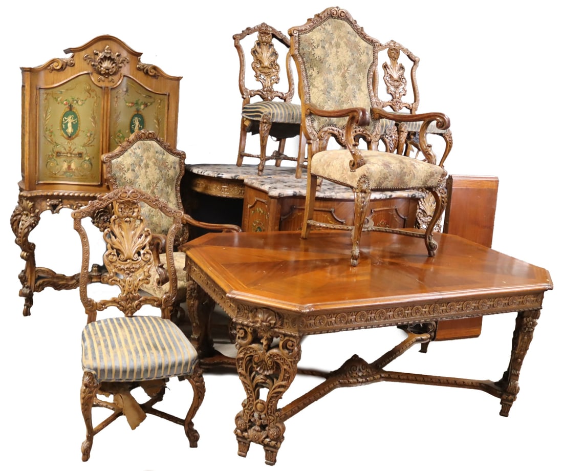 12 Pcs Antique Carved Marbletop Dining Set (1 of 15)