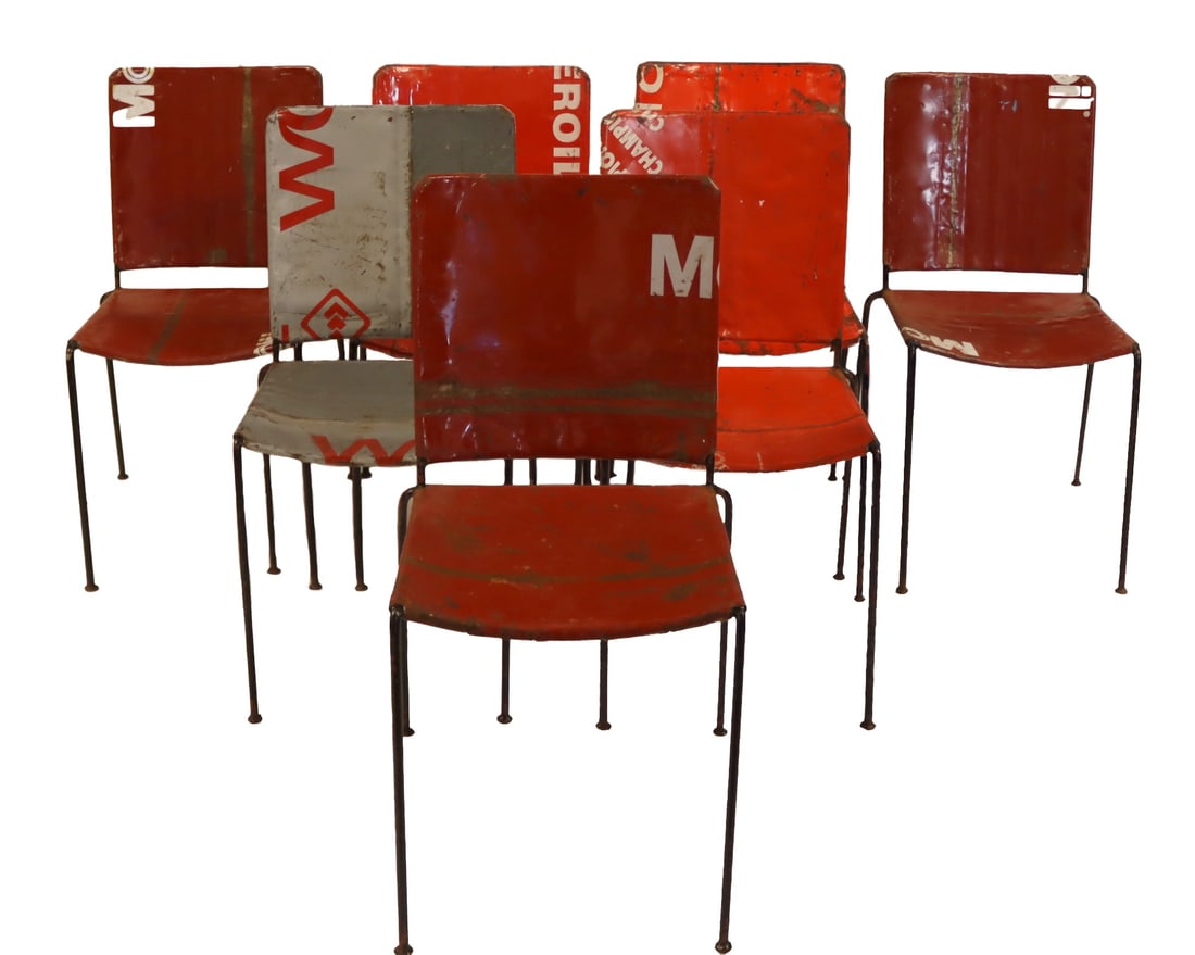 6 Midcentury Industrial Petroliana Metal Chairs: From a Peekskill, NY estate. - Dimensions: 33" h x 17" w x 17" d.