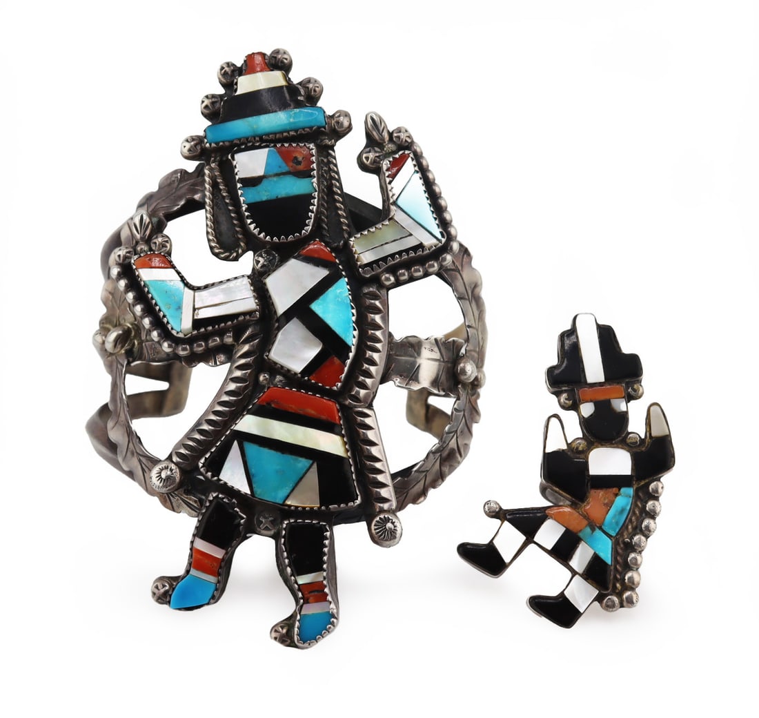 JEWELRY. Signed Zuni Rainbow Man Inlaid Cuff (1 of 15)
