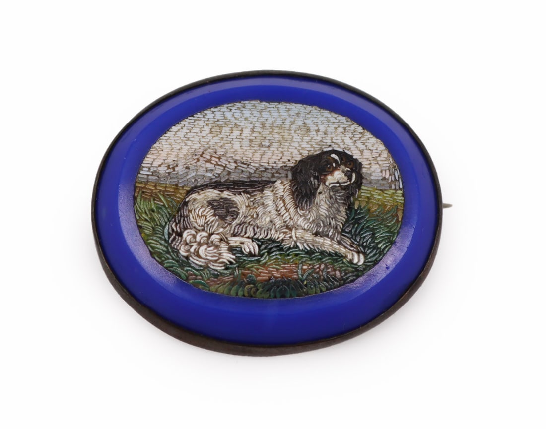 JEWELRY. Antique Micromosaic Brooch of a Spaniel. (1 of 9)