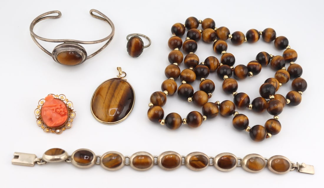 JEWELRY. Tiger's Eye and Carved Coral Jewelry. (1 of 8)