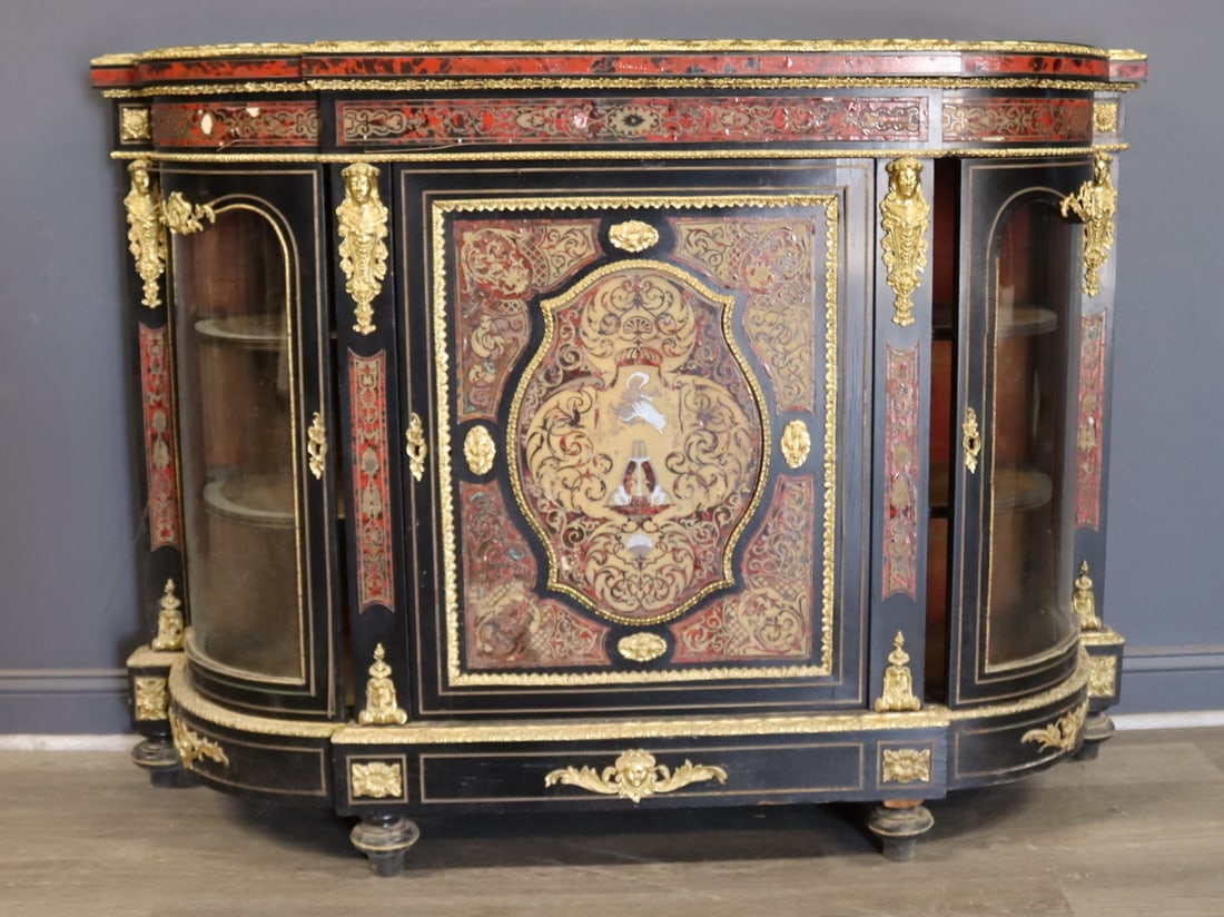 Antique Bronze Mounted Ebonised Boulle Cabinet .: Good large size and the finest of quality. From a Northport, LI estate. - Dimensions: 43" x 25 x 22"