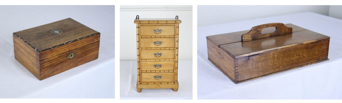 Collection of Decorative Objects.: Includes an English Victorian ladies’ sewing box with geometric mother of pearl inlay around the top and a mother of pearl inlay medallion at the center. Small compartments in the interior remov