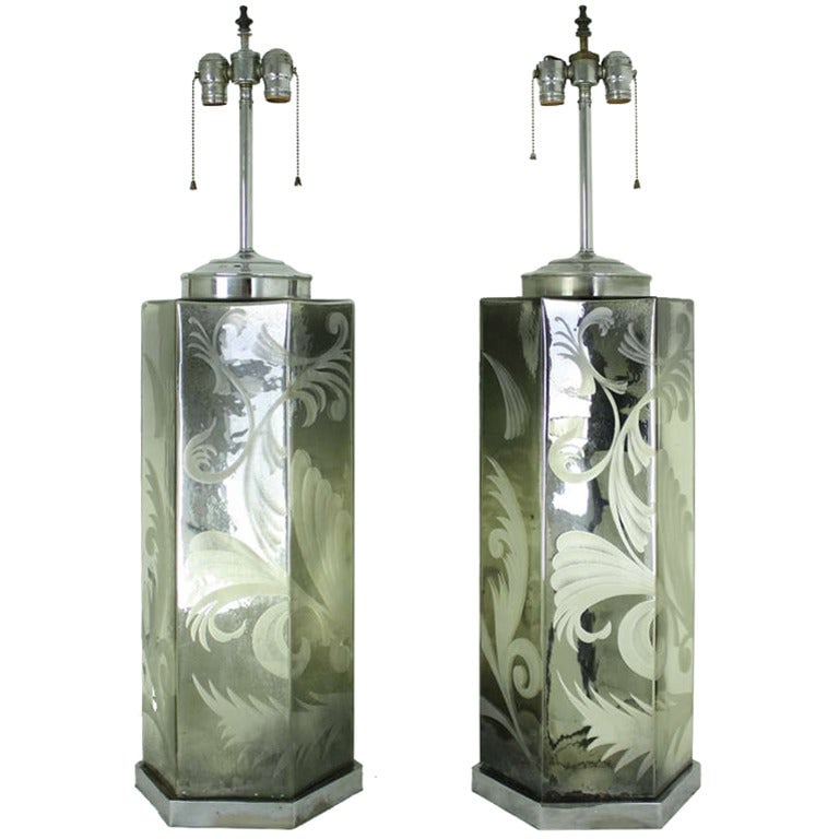 Pair Large Mercury Glass Lamps, Vintage. (1 of 8)