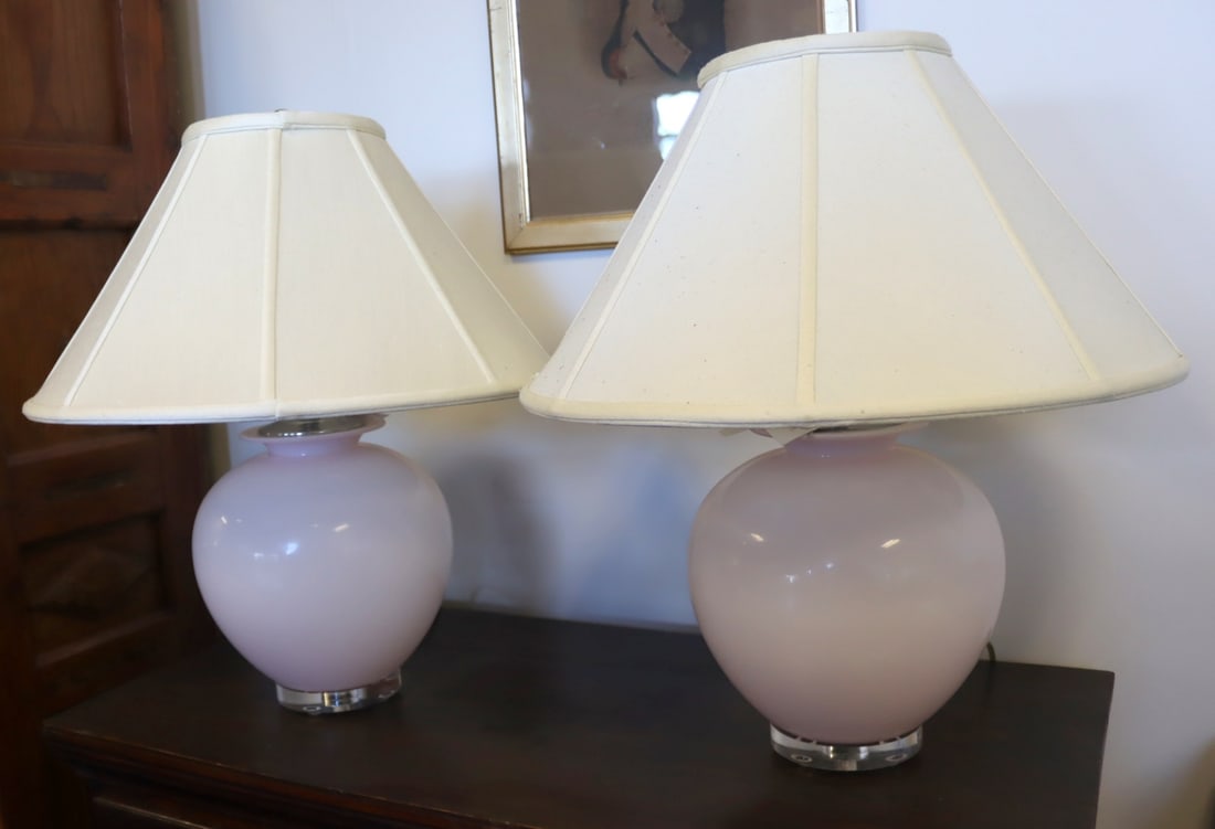 Pair of Pink Opal Bungalow Lamps.: With coolie shades, and silver-tone ball form finials. Dimensions: 22" to top of the finial.