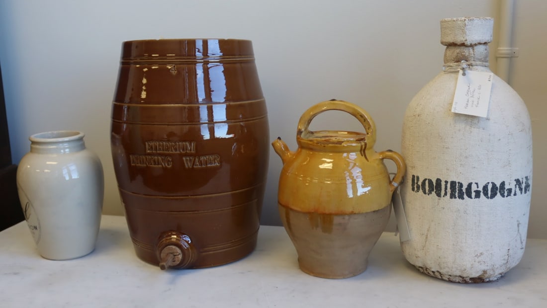 Collection of Decorative Objects Inc French Cruche: A French Antique terra cotta water jug or cruche in traditional mustard yellow glaze. Festooned with desirable drips and glaze pooling. Very hard to find with lid intact. Some wear around the rim, sho