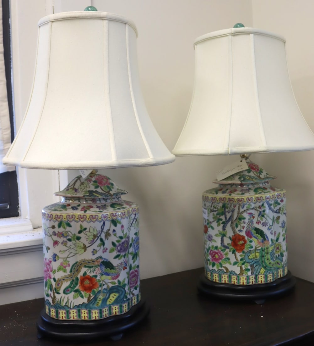 Pair of Chinese Inspired 'Birds and Flowers' Lamps (1 of 4)
