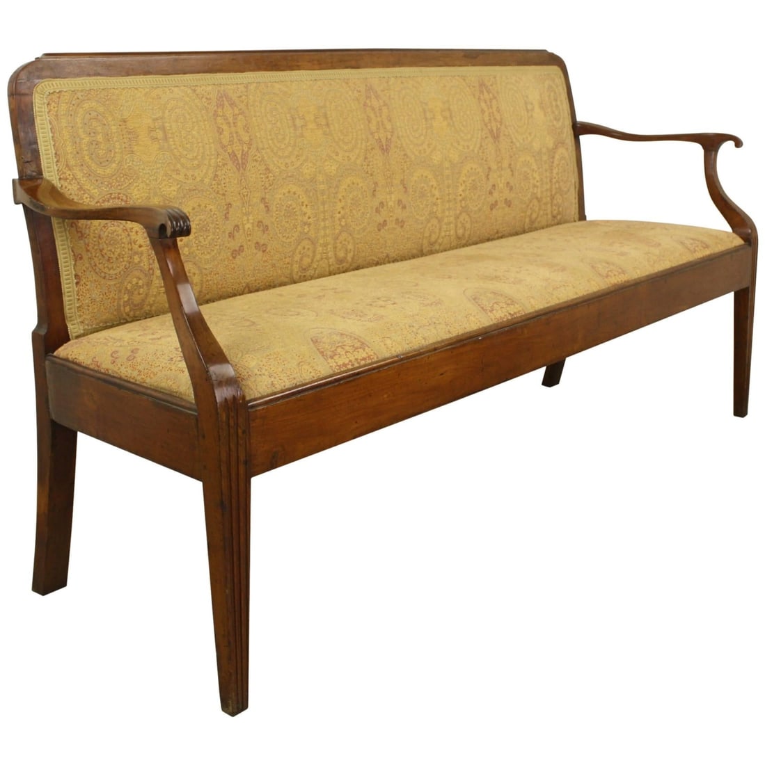 19th Century Scandanavian Fruitwood Sofa.: A slim and elegant fruitwood sofa in wonderful a condition for its age. Classic Scandanavian carved accents on the arms and legs. We love that the piece is upholstered front and back! Dimensions: 68&q
