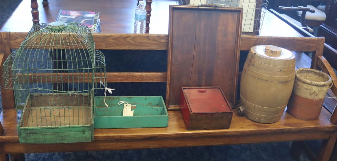 Collection of Antique Decorative Objects.: Includes a late 19th century English birdcage; an English painted cutlery tray, circa 1910; a late 19th century English oak tray with brass handles; a red painted box; and (2) ceramic vessel - one wit