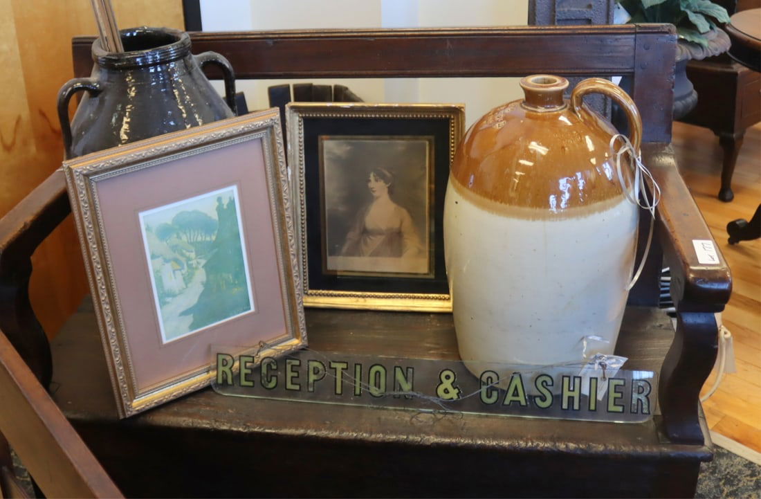Collection of Decorative Objects.: Includes an English painted 'Reception & Cashier' sign; (2) framed prints; an early to mid 19th century Scottish brewery jug; and a large brown glazed jug. Dimensions: sign measures approx. 27&quo