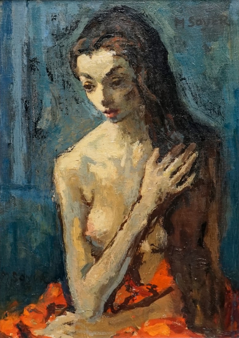 MOSES SOYER (AMERICAN, 1899-1974).: 'Semi Nude Woman Holding Hair'. Signed Twice, Upper Right and Lower left. Property from a New Rochelle, NY estate. Dimensions: 14.125" h x 10.125" w. Frame: 22.75" h x 18.75" w.