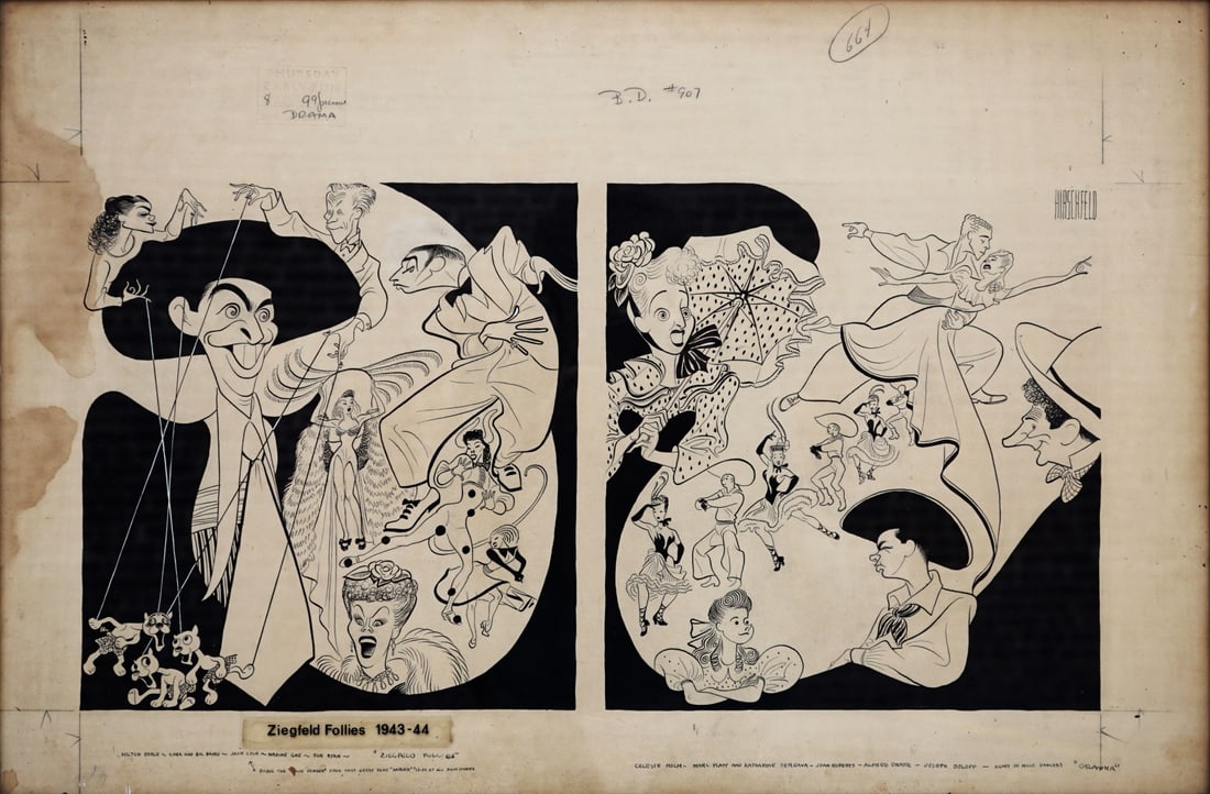 AL HIRSCHFELD (AMERICAN, 1903-2003).: 'Ziegfeld Follies: Oklahoma', 1943. Pencil, gouache, pen and Ink, on artist board. Signed upper right. Provenance: Given to Bil and Cora Baird by the artist. Periodical: New York Times, Sunday, March