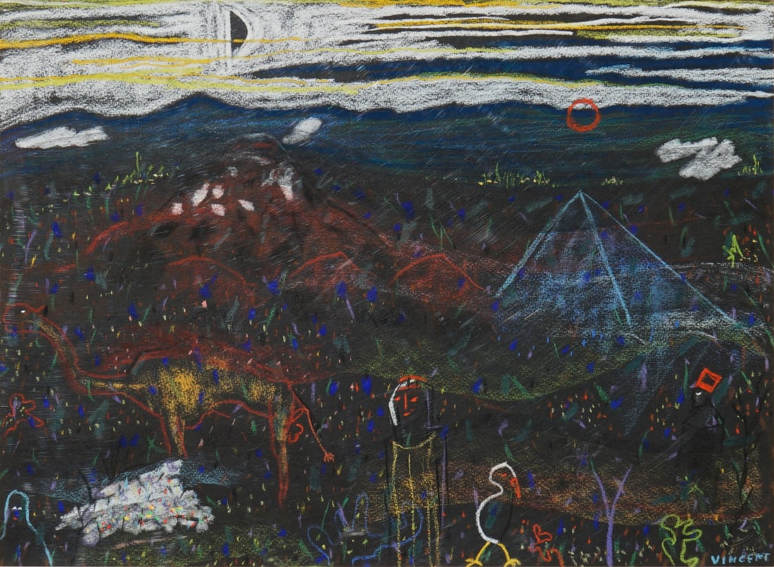 VINCENT D. SMITH (AFRICAN-AMERICAN, 1929-2003).: 'Masai Game Reserve', 1974. Pastel on colored paper. Signed lower right corner. Verso. Several labels indicating artist, title, medium, size, and date. Property from a Westchester County, NY estate. D