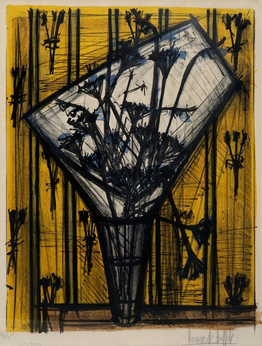BERNARD BUFFET (FRENCH, 1928-1999).: 'Flowers'. 1954. Colored lithograph on woven paper. Signed and numbered '56/200' lower margins in pencil. L'Oeuvre Gravee, Paris/Zurich, publisher with their blindstamp in lower left margin. Property