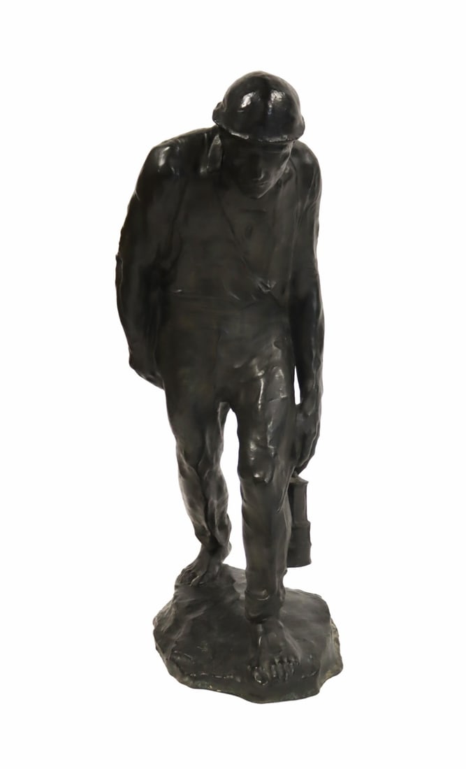 JULES VAN BIESBROEK (Belgium,1873-1965).: A large and impressive bronze figure of a miner (?). Signed on the base "Van Biesbroeck", and with a "JB" monogram. - Dimensions: 29.75" x 17"