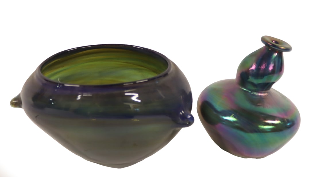 PETER BRAMHALL (USA, B. 1942).: 2 Art glass pieces. A vase and a bowl. Both signed and dated. From a Stamford, CT estate. - Dimensions: 6.5" H & 5.5"H