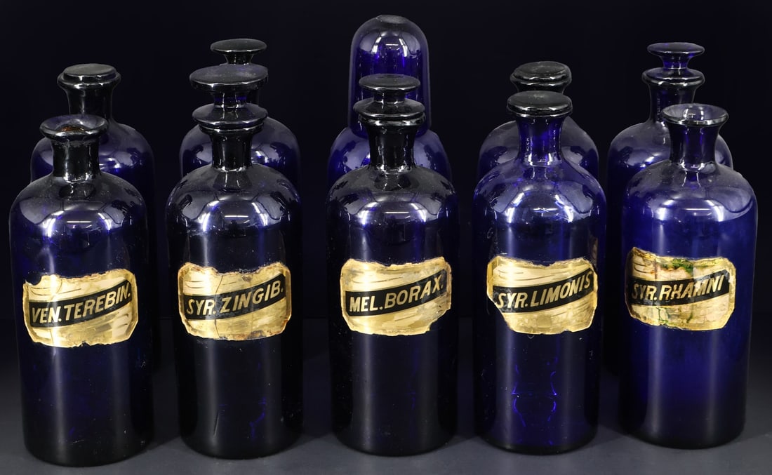 Collection of Antique Blue Apothecary Bottles (10) (1 of 8)