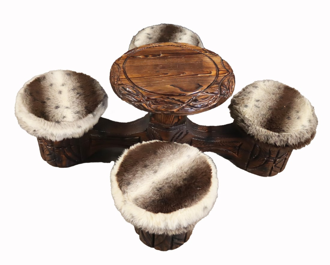 Carved Wood "Tiki" Coffee Table with (4) Seats. (1 of 10)