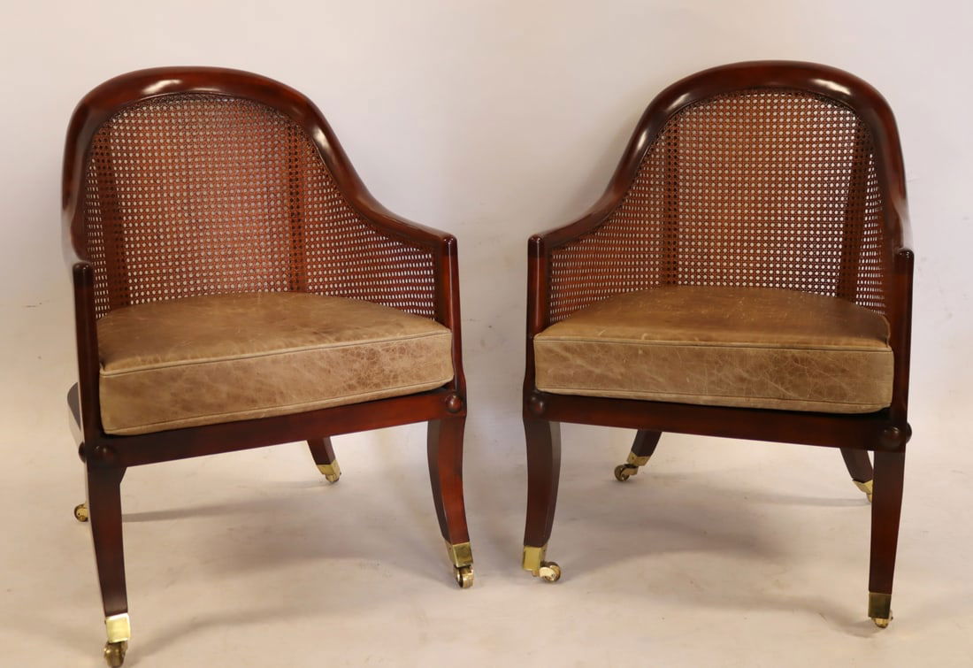 BAKER Pair Of Caned & Leather Armchairs.: From a Bronxville NY estate. - Dimensions: 33" h x 22" w x 25" d
