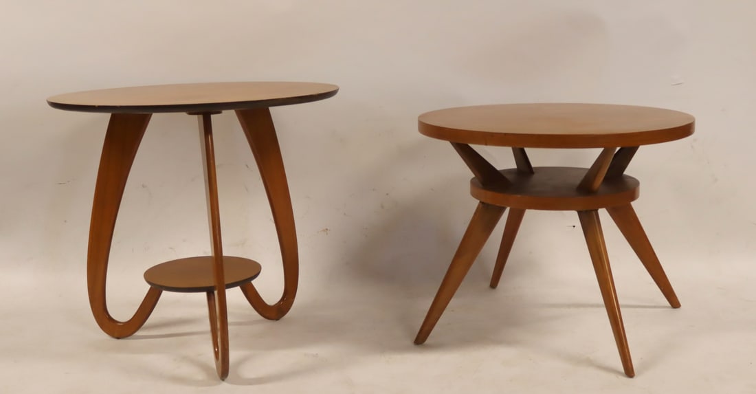 2 Midcentury Blonde Wood Tables.: From a Larchmont NY estate. Dimensions: 25." h x 28" dia and 22" h x 27.5" dia.