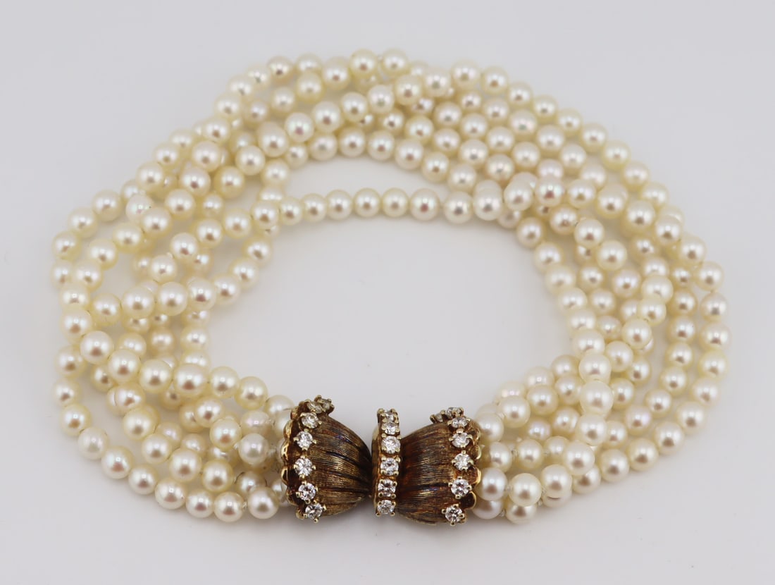 JEWELRY. 14kt Gold, Diamond and Pearl Bracelet. (1 of 7)