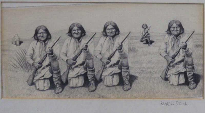 DEIHL, Randall. Pencil Drawing of American Indians: Monogrammed lower right. Inscribed "Randall Deihl" on the mat lower right. Randall Deihl, American, b. 1946. From a Hastings-on-Hudson, NY collector. Dimensions: Sight - 3.75" high x 8" wide. Conditio