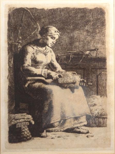 MILLET, Jean Francois. Etching "La Cardeuse.": From a Hastings-on-Hudson, NY collector. Dimensions: 10 1/8" high x 6 7/8" wide. Condition: Trimmed margins and toned paper, light scattered foxing, some discoloration lower center. Not examined out o