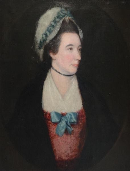 School of GAINSBOROUGH. 18th C. O/C Portrait of: "Mrs Badderly." Unsigned, faded inscription verso attributes painting to Thomas Gainsborogh as does plaque on frame. Ex Sotheby's - labels verso. From a Westchester, NY estate. Dimensions: 30" high x 
