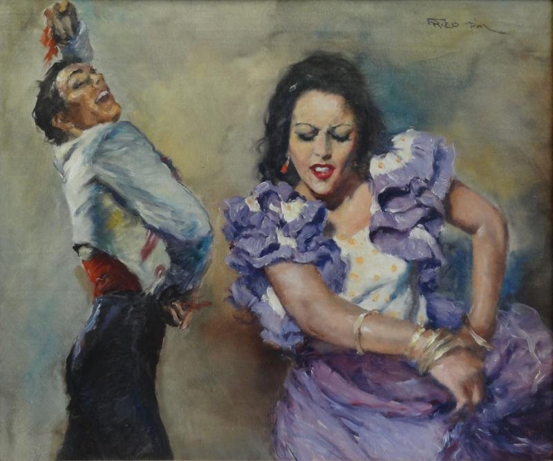 FRIED, Pal. Oil on Canvas of Spanish Dancers.: Signed upper right. Fried Pal, Hungarian-American, 1893-1976. From a Forest Hills, NY estate. Dimensions: 20" high x 26" wide. Condition: Overall good. Small tear upper right in woman's forehead, ligh