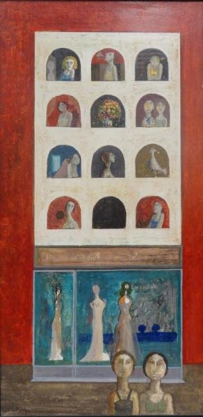 DE VILALLONGA, J.C. "Le Printemps." Oil on: Masonite Signed lower left and dated 58. Gallery label verso. Jesus Carlos de Vilallonga, Spanish, b. 1927. From a storage warehouse. Dimensions: 24" high x 12" wide. Condition: Minor surface grime an