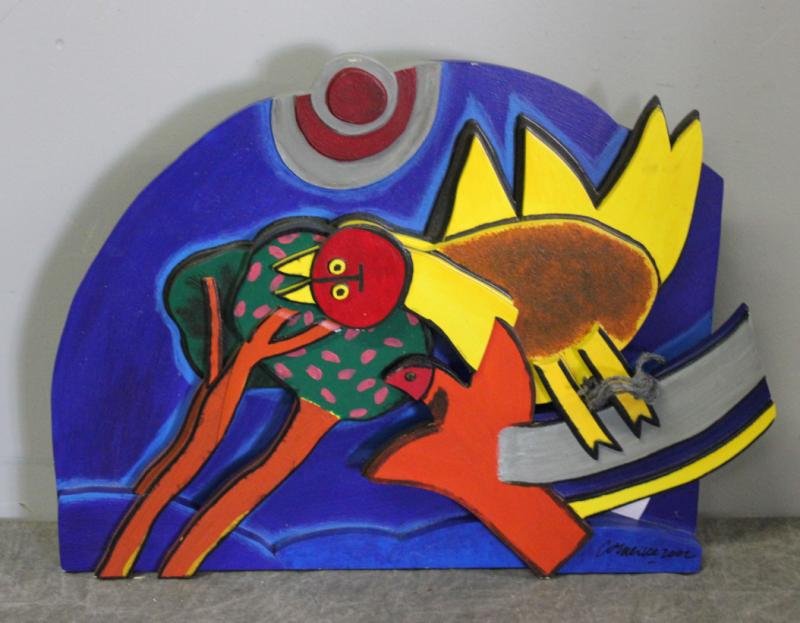 CORNEILLE, G. Polychrome Wood Relief "Baroque II.": Circa 2002. Signed lower right. Guillaume Corneille, Dutch, 1922 - 2010. From a storage warehouse. Dimensions: 14" wide x 19" high. Condition: Good.
