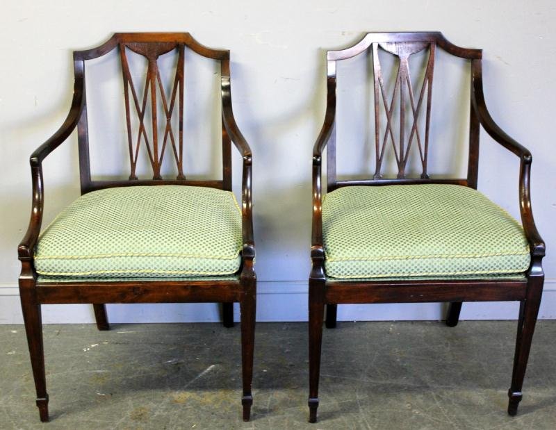 Pair of 18th Century Hepplewhite Arm Chairs.: From a Greenwich, CT home. Dimensions: 23" wide x 21" deep x 26" high. Condition: Good.