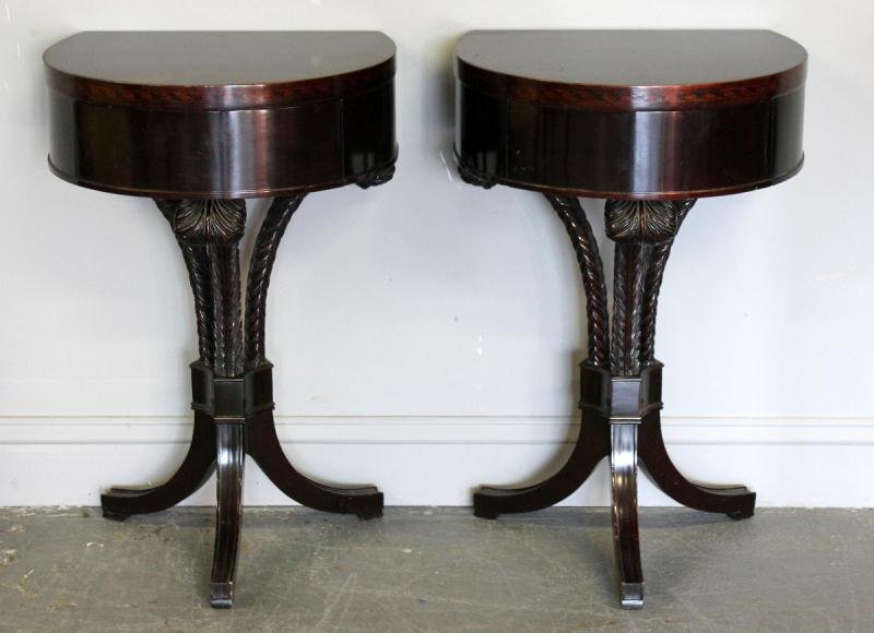 Pair of Mahogany Neoclassical Style End Tables.: A beautiful and decorative pair of 1 drawer tables. Raised on plume form bases with inlaid trim. From a Scarsdale, NY estate. Dimensions: 18" wide x 14.5" deep x 28" high. Condition: Good.