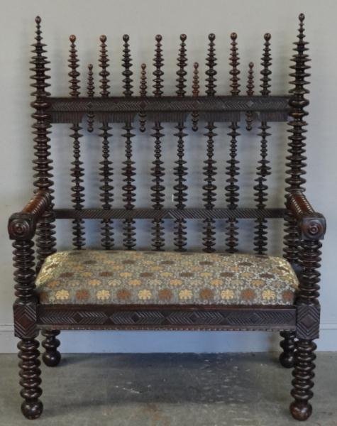 Antique Bobbin Turned Settee.: Either 19th century or early 20th, but a great example. From a Long Island, NY estate. Dimensions: 42" wide x 22" deep x 56" high. Condition: Two breaks that will need repair.