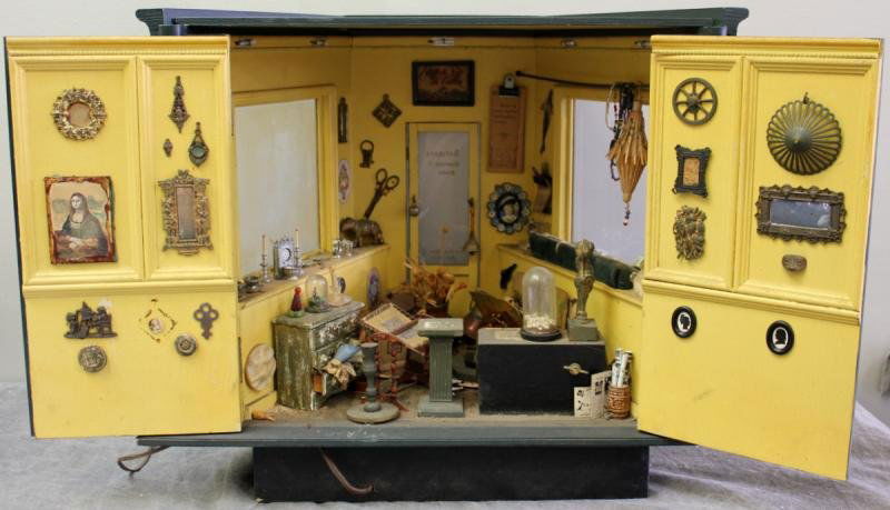 Antique English Diorama of an Old Curiosity or: Antique Shop. From a Mamaroneck, NY location. Dimensions: 18.875" wide x 12.75" deep x 13.75" high.