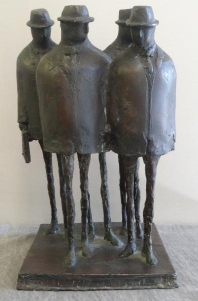 PRINCE, Roger. 1964 Bronze of Four Men in Hats.: Signed and dated on base. Roger Prince, American, 20th C. From a Stamford, CT estate. Dimensions: 10.25" wide x 10" deep x 18" high. Condition: Good. With surface dust and and grime.