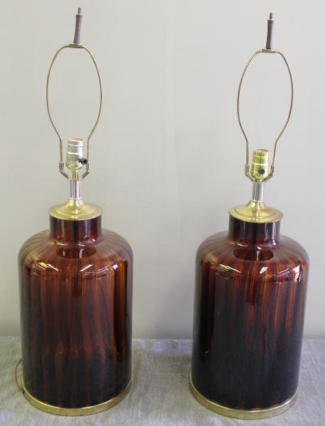 Pair of Midcentury Tortoise Shell Glass Lamps.: From a Long Island, NY location. Dimensions: 9.25" diameter x 21" high. Condition: Good.