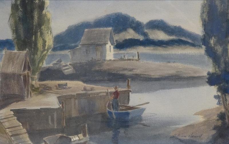 Illegibly Signed Watercolor of a Man in a Boat.: Signed lower right William Hen...(?). From a storage warehouse. Dimensions: 25" high x 24" wide. Condition: Slight fading and minor foxing spots at top. Not examined out of frame.