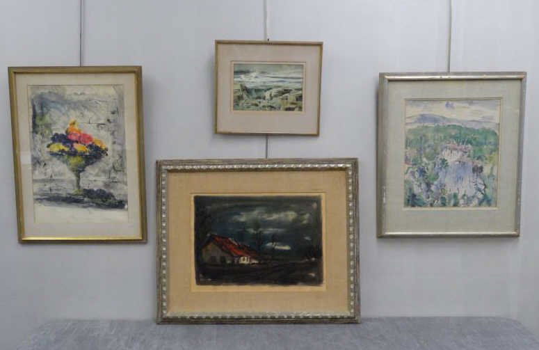 4 Works on Paper Including 2 Watercolors,: a Monotype, and a Print. Print signed Robert Eric Moore, Watercolor signed Elaine Rath, monotype signed illegibly and watercolor unsigned. From a storage warehouse. Dimensions: Smallest- 7" high x 10.