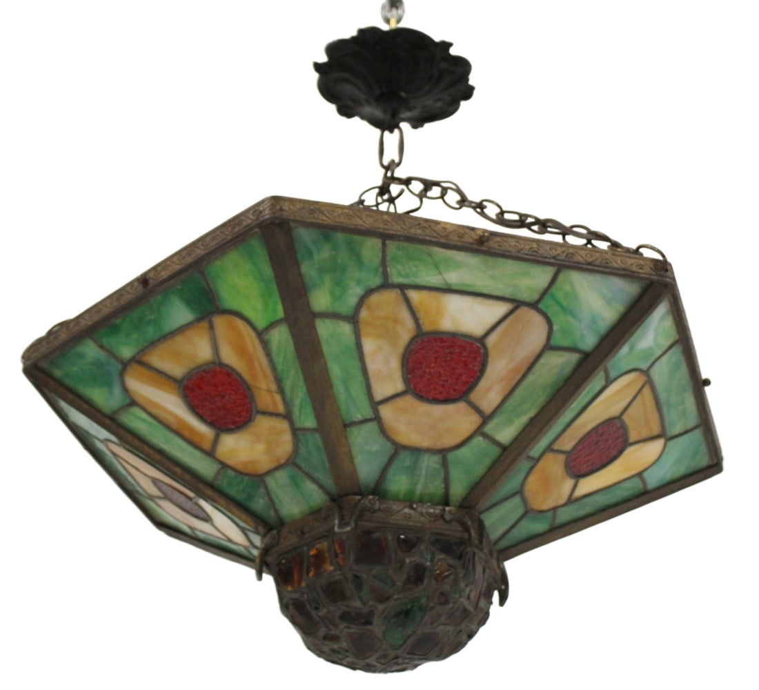 Antique Tiffany Style Leaded Glass Chandelier.: Good age quality and a nice large size. From a NYC estate. - Dimensions: 25"w x 12"h