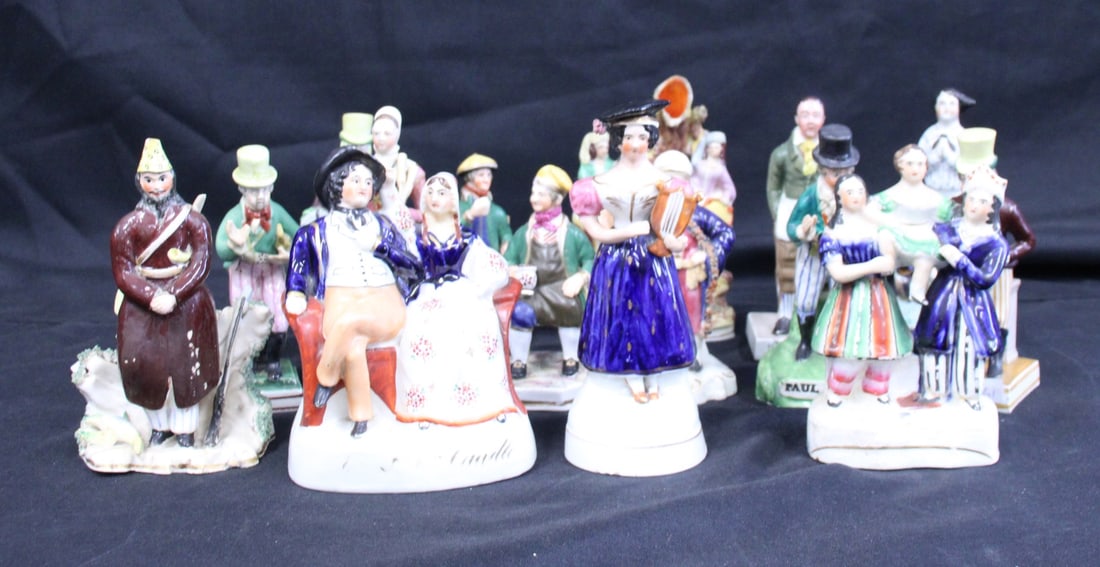 Collection of Staffordshire Figures & Spill Vase: Staffordshire grouping to include PD Gordon Pugh, Madame Vestris, John Liston as Paul Pry, John Liston Lubin, Robinson Crusoe and many others. From a White Plains NY estate. - Dimensions: All Approx 5