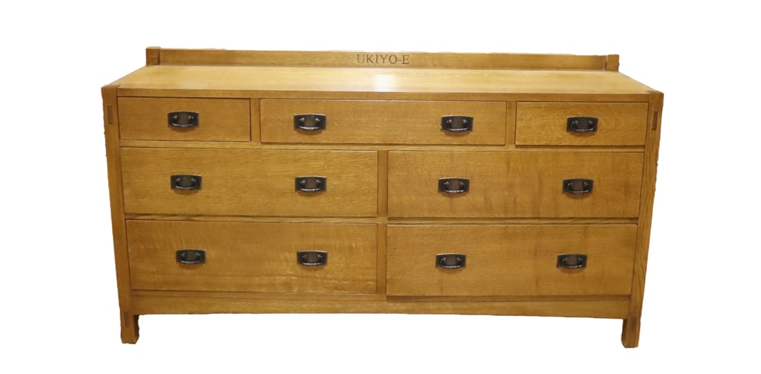 STICKLEY BY E.J. AUDI; Blonde Osk Dresser UKIYO-E: Beautiful with blonde finish, gallery and multi drawers, Metal and branded labels. From a Hamptons, Long Island estate. - Dimensions: 36" x 20" x 66"