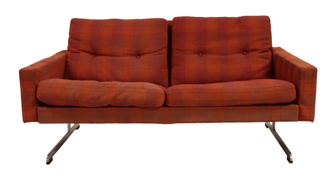 Midcentury Upholstered Settee With Stainless Feet. (1 of 10)